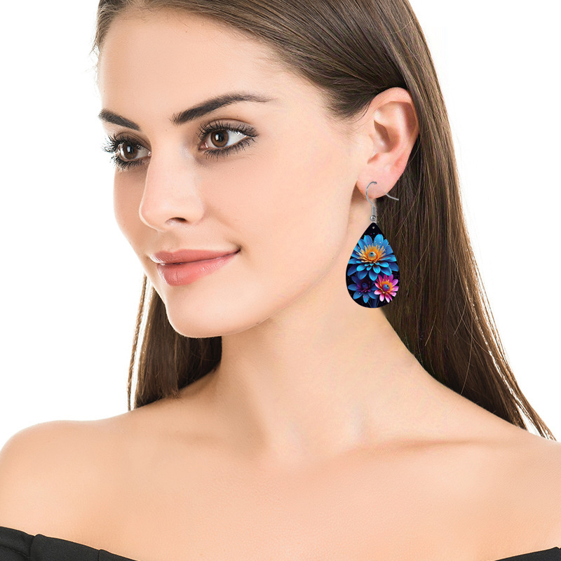 Women's Blue Pink Flower Print Waterdrop Hoop Earrings, Gift